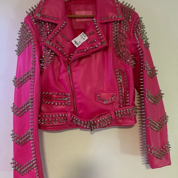 AKIRA Hot Pink Studded Leather Moto Jacket S - Picture 1 of 2